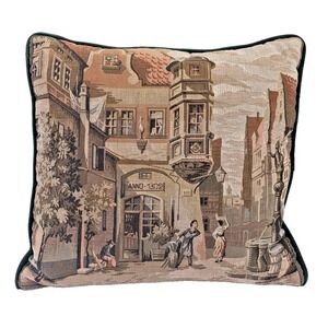 Vintage‎ Tapestry Pillow After Carl Spitzweg The Pharmacy Green Velvet Old World
